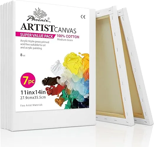 Phoenix Stretched Canvas for Painting 11x14 inch/7 Value Pack, 8 oz Triple Primed 5/8 inch Profile 100% Cotton White Blank Canvas, Artist Framed