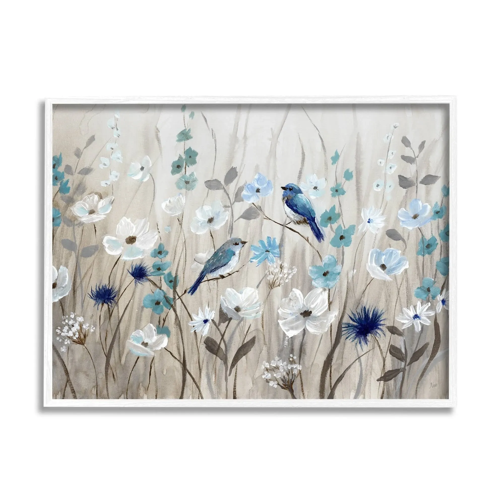 Stupell Industries Birds Floral Meadow Blue White Blossoms, Design by Nan