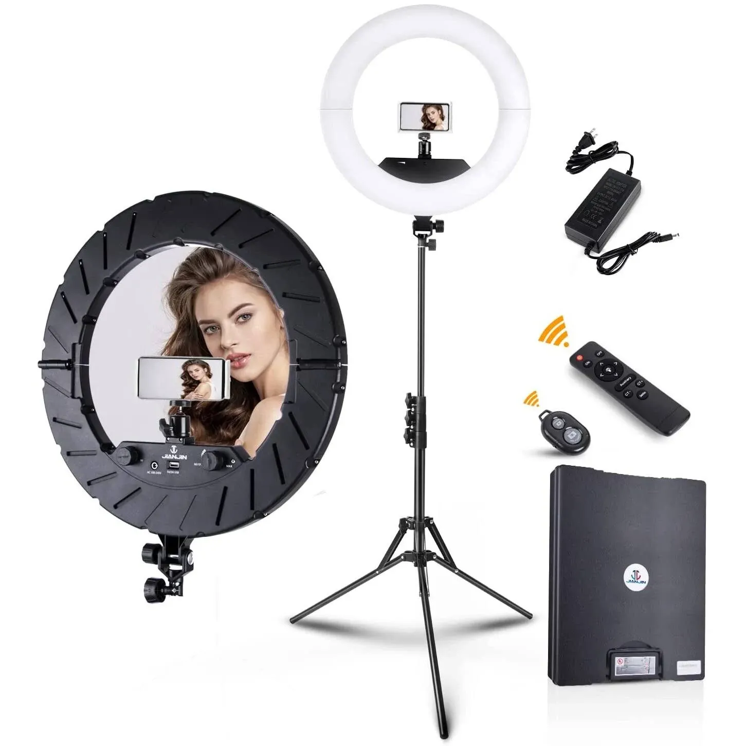 Ring Light Kit:18"/45cm Outer 55W6700k Dimmable LED Light, Tripod Stand, Remote Controller,Box for Camera,Smartphone,YouTube,TikTok,Self-Portrait Shooting,CRI90,Black