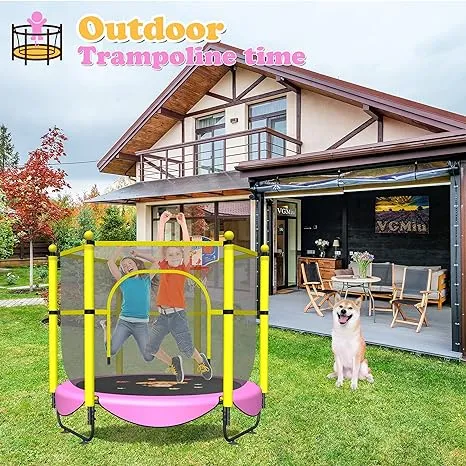 60" Trampoline for Kids, 5 FT Indoor & Outdoor Small Toddler Trampoline with Basketball Hoop, Safety Enclosure, Baby Trampoline Toys, Birthday Gifts for Kids, Gifts for Boy and Girl, Age 3-8