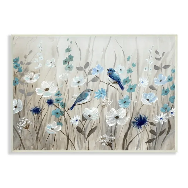 Stupell Industries Birds Floral Meadow Blue White Blossoms , 40 x 30, Design by Nan