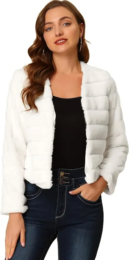 Allegra K Women's Winter Warm Cropped Jacket Collarless Faux Fur Fluffy Coat