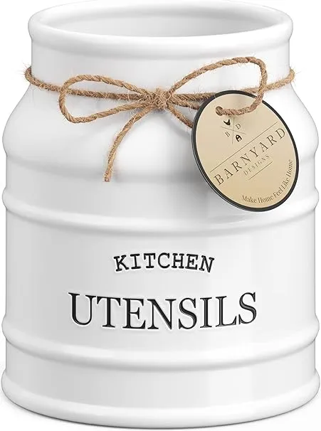 Barnyard Designs Ceramic Farmhouse Kitchen Utensil Holder for Countertop, Large Decorative Utensil Crock for Kitchen Counter, Spatula Holder, 6.75"