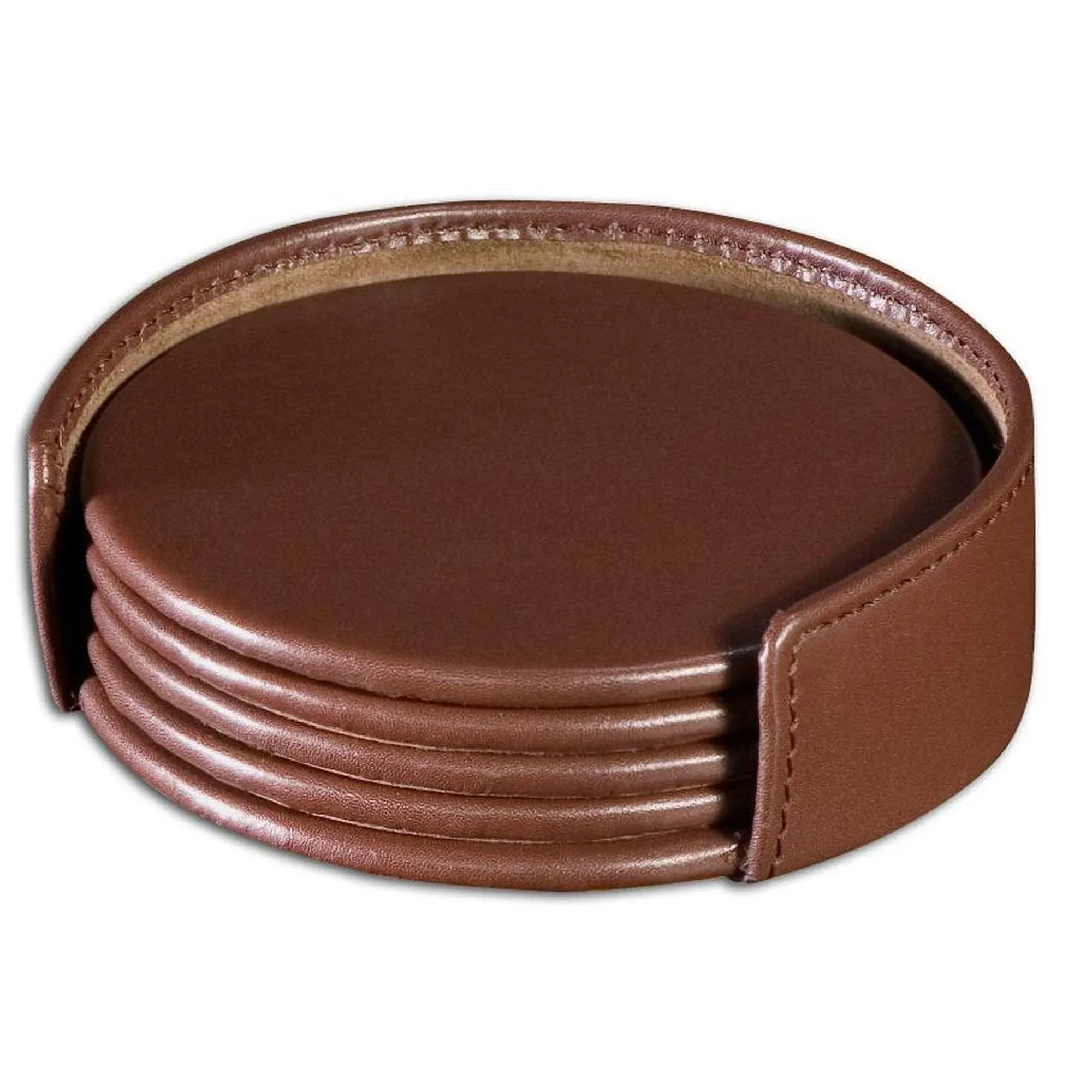 Round Leather Coaster Set, Chocolate Brown