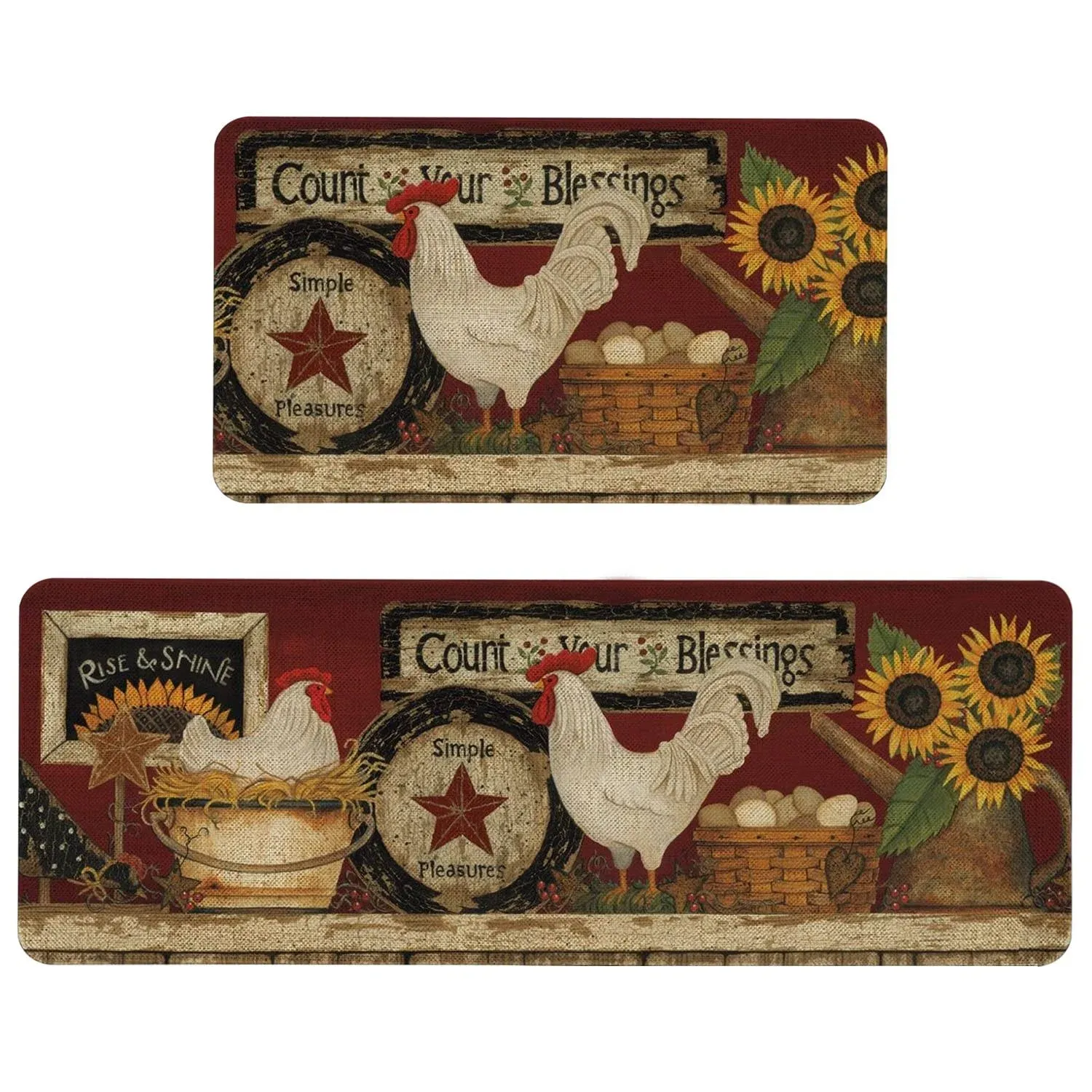 Farmhouse Kitchen Rugs and Mats Set of 2, Farm Rooster Kitchen Mat, Seasonal ...