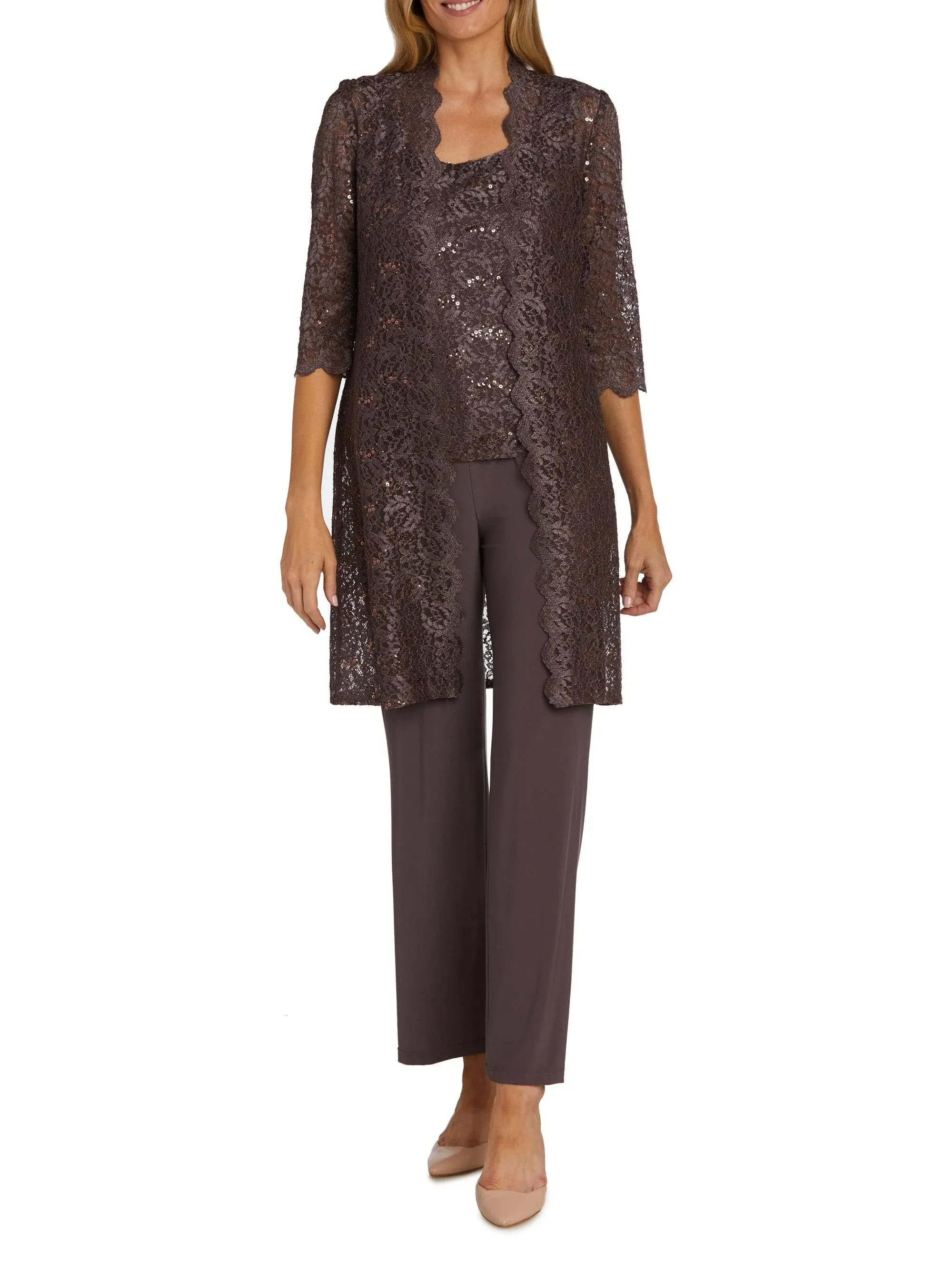 Metallic Lace Tank Top and Pant Set with Sheer Lace Jacket