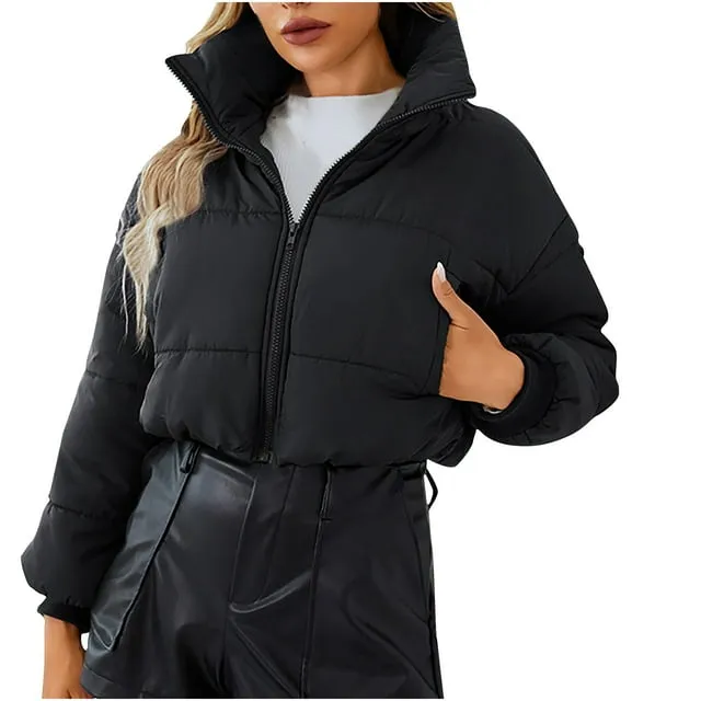 Women's Winter Cropped Zip Up Puffer Jacket Stand Collar Long Sleeve Short Thick Puffy Winter Bubble Coat Outerwear