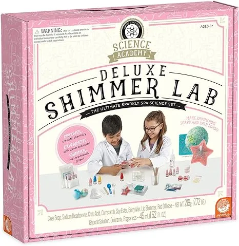 MindWare Science Academy Deluxe Shimmer Lab – Kit Includes 40pcs to Teach Kids & Teens Cosmetic Chemistry - Boys & Girls Make DIY Bath Bombs, Lip Balm & Soaps with eco-Friendly Biodegradable Glitter