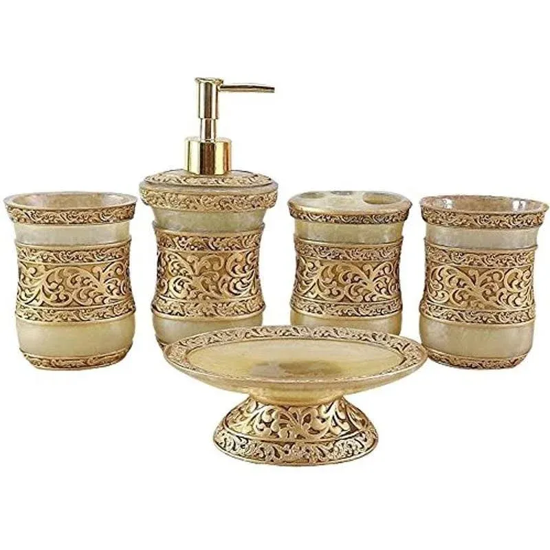 LUANT Resin 5PC Bathroom Accessories Set Soap Dispenser/Toot<wbr/>hbrush Gold 