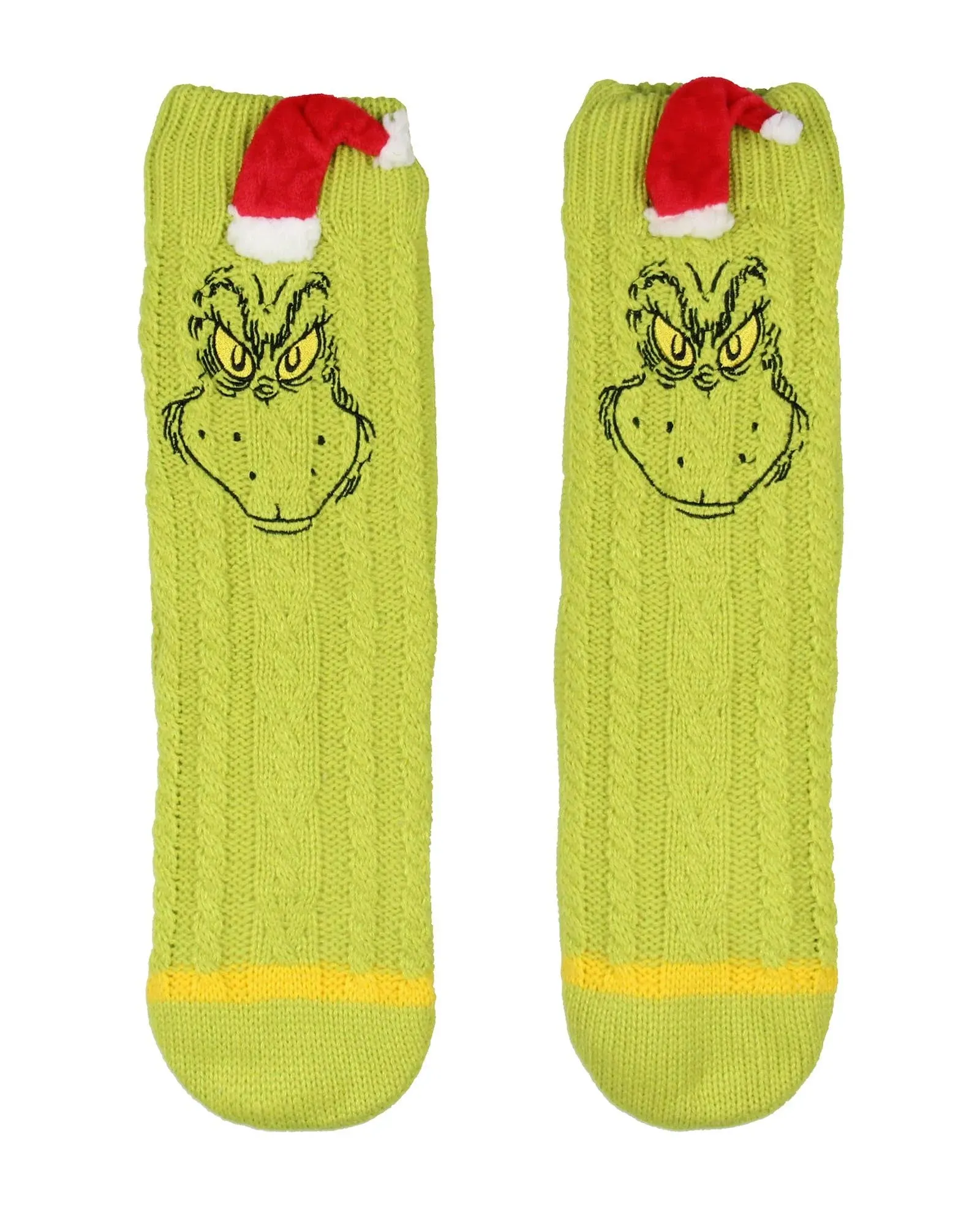 Bioworld Dr Seuss GRINCH Adult Sherpa Lined Grinch Face Santa Hat Sweater Knit Slipper Socks For Men and Women