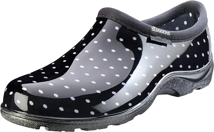 Sloggers Waterproof Garden Shoe for Women – Outdoor Slip-On Rain and Garden Clogs with Premium Comfort Support Insole, (Polka Dot Black and White), (Size 9)