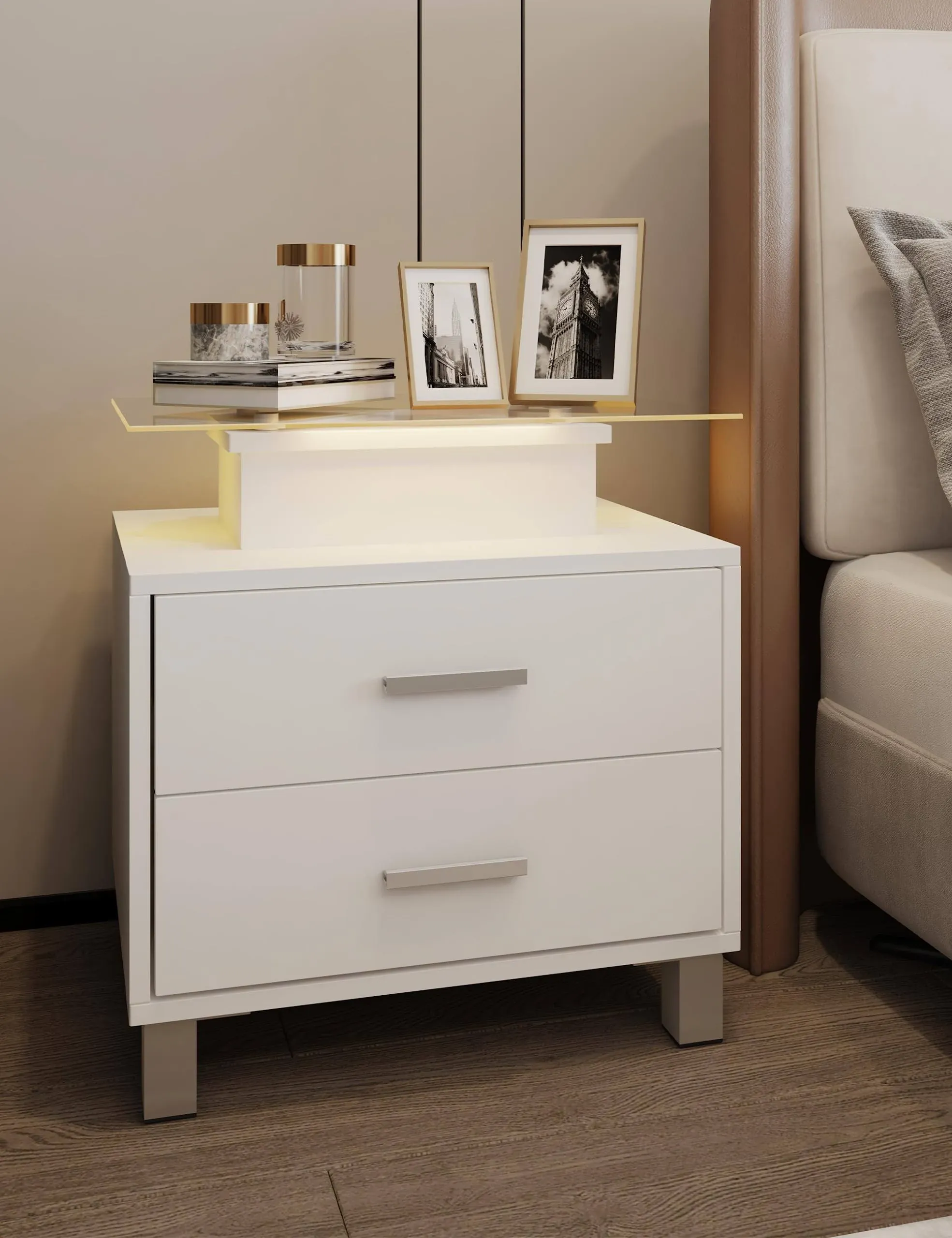 Modern Nightstand with Charging Station, LED Lights, Glass Desktop, 2 Drawers   