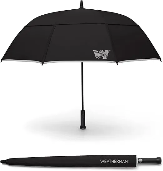 Weatherman Umbrella - Stick Umbrella - Windproof Umbrella Resists Up to 55 MPH Winds (Black)