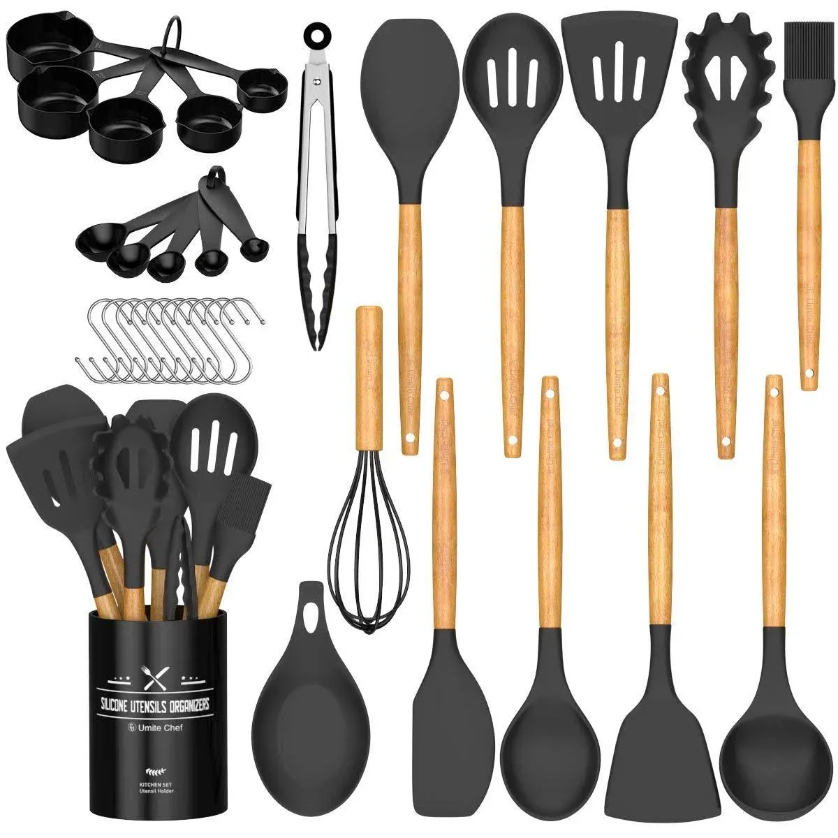 33pcs/set, Silicone Utensil Set, Kitchen Utensil Set, Safety Cooking Utensils Set, Non-Stick Cooking Utensils Set With Wooden Handle, Washable Modern Cookware, Kitchen Stuff, Kitchen Gadgets, Kitchen Essentials