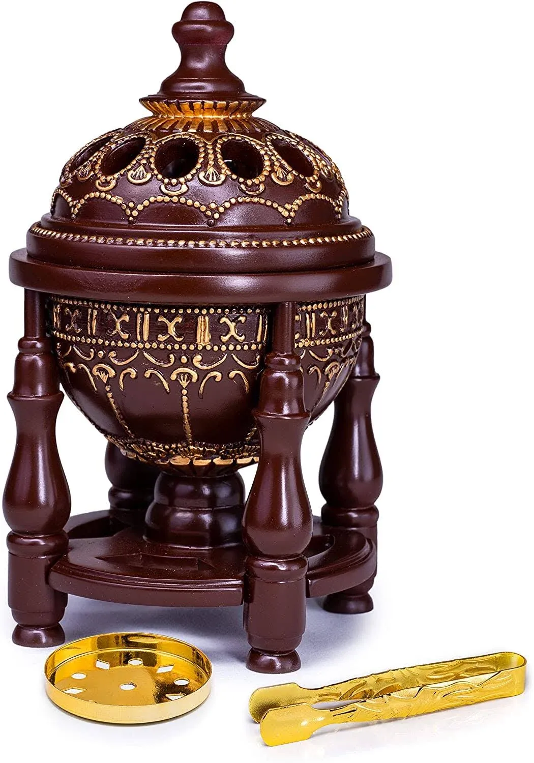 AM Charcoal Incense Burner - Bakhoor Burner, Oud Frankincense Resin Burner - for Office & Home Decor - Lavish 4 Pillar Brown