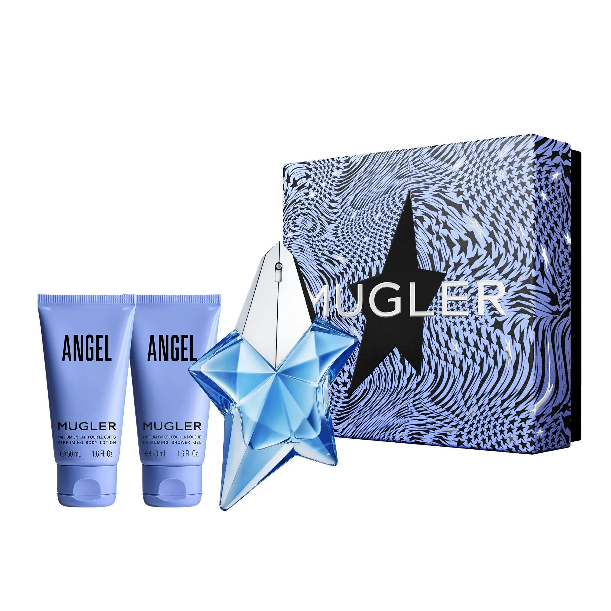 MUGLER Angel Gift Set ($135 Value) - Ambery & Woody - With Bergamot, Praline, and Patchouli - Fragrance, 0.8 Fl Oz, 1.6 Fl Oz Lotion, 1.6 Fl Oz Shower Gel