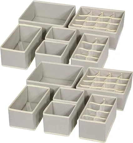 TENABORT 12 Pack Foldable Drawer Organizer Dividers Cloth Storage Box Closet Dresser Organizer Cube Fabric Containers Basket Bins for Underwear Bras Socks Panties Lingeries Nursery Baby Clothes Gray