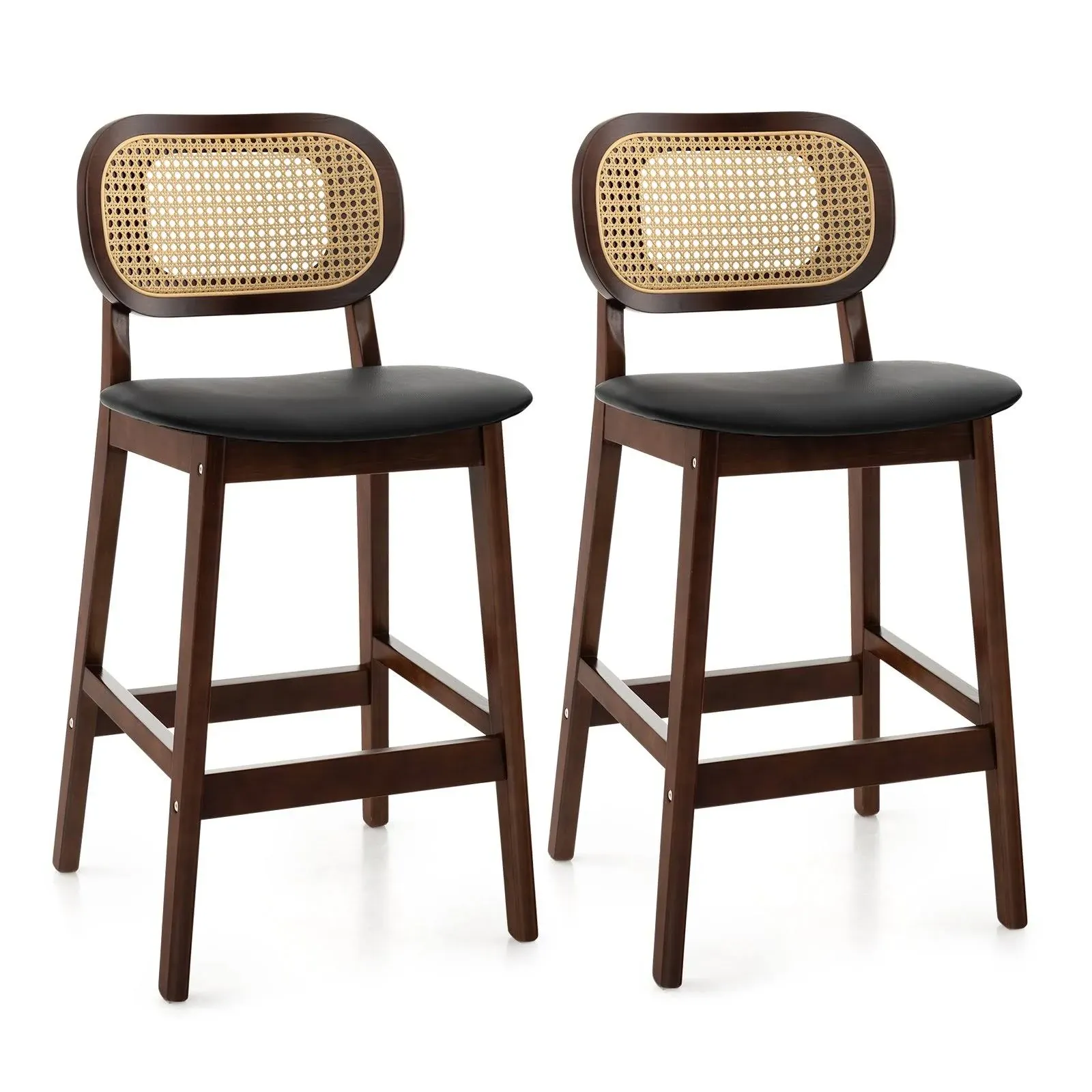 Wood Bar Chairs with PE Rattan Backrest Padded Seat and Footrest-Brown | Costway