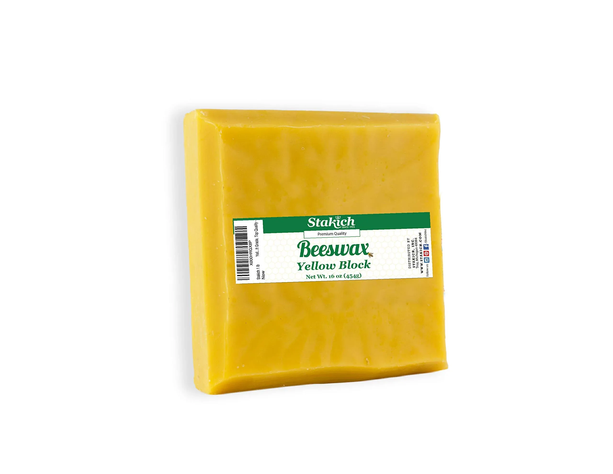 Stakich Yellow Beeswax Block - Natural, Triple Filtered - 1 Pound, Honey Scent