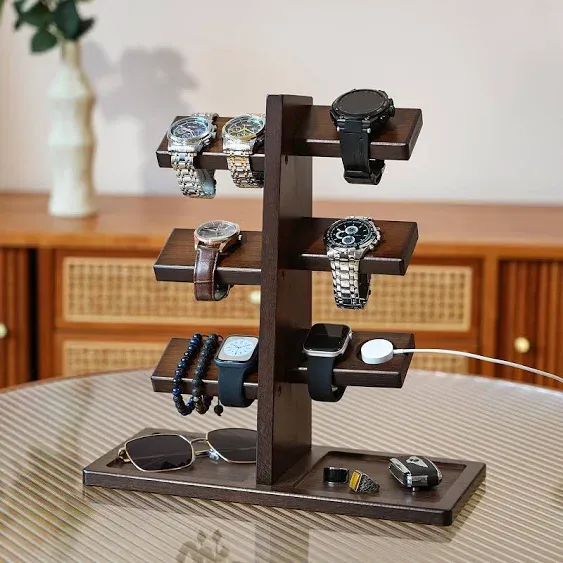 Watch Holder Stand with Charging Station Wooden Watch Display Tower Jewelry