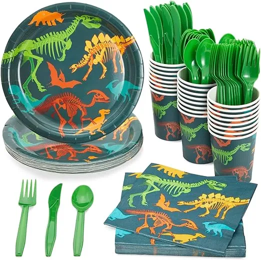 Juvale 144-Piece Dinosaur Birthday Party Supplies with Paper Plates, Napkins, Cups and Cutlery for Dino Party Decorations (Serves 24)