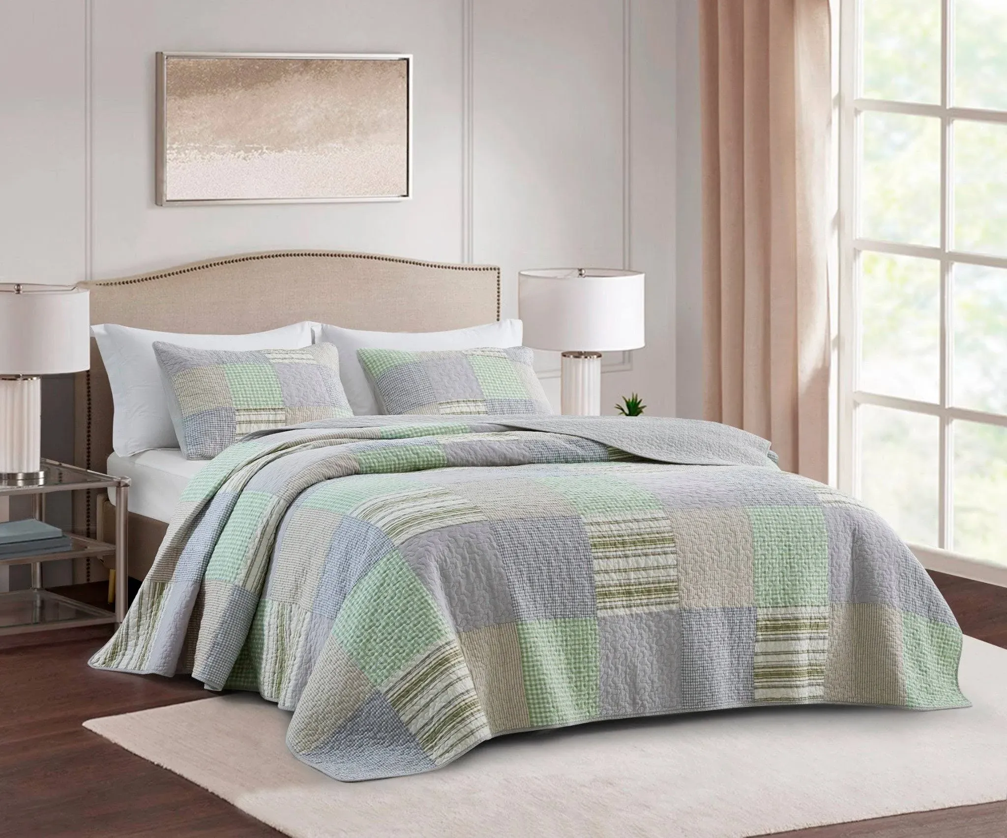 Chezmoi Collection Bellamy 3-Piece Boho Chic Patchwork Quilt Set - Green Gray White Plaid Candy Stripe Reversible Bedspread - Pre-Washed Cotton Lightweight Coverlet, King Size