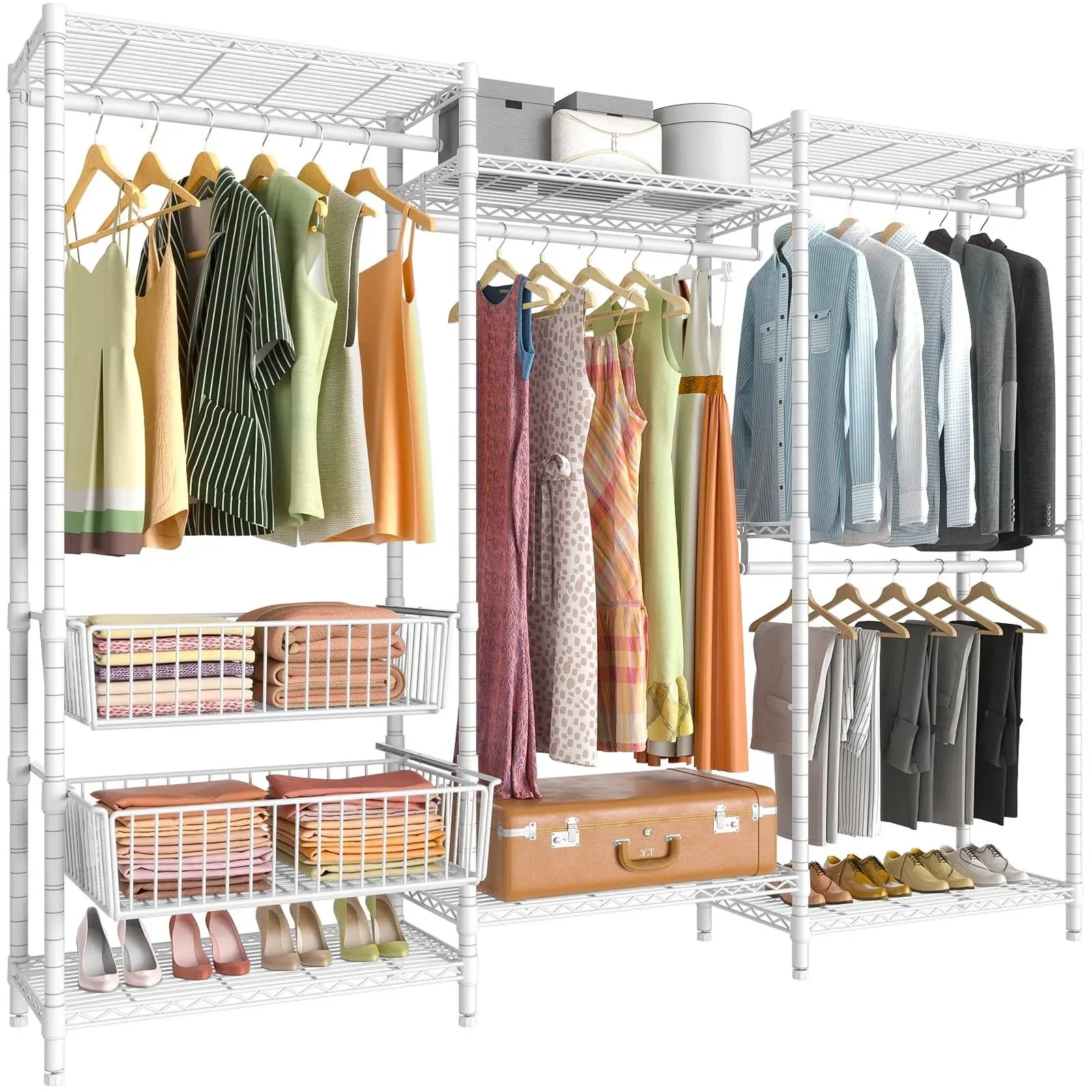 VIPEK V10 Wire Garment Rack 5 Tiers Heavy Duty Clothes Rack with Hanging Rods, Wire Shelves & 2 Slid Storage Baskets, Large Size Clothing Rack 85.4" W x 15.7" D x 76.4" H, Max Load 920 LBS, Black