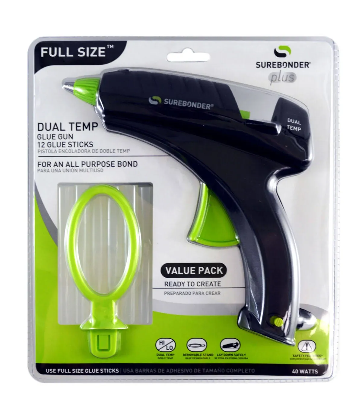 Surebonder DT-270FKIT Full Size Dual Temperature Glue Gun with 12-4-Inch Standard All Purpose Glue Sticks,Black,green