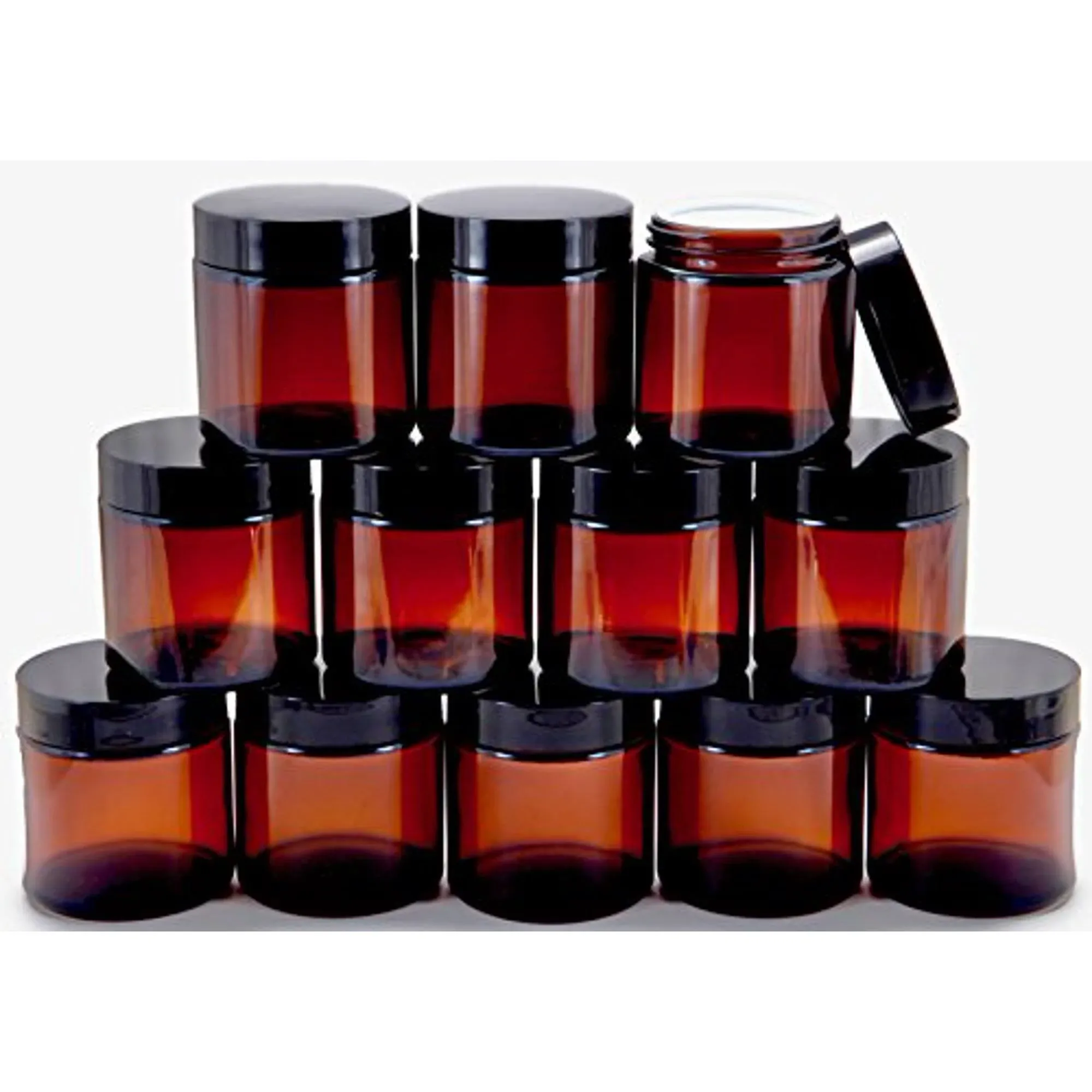 Vivaplex 12 Amber 4 oz Round Glass Jars with Inner Liners and Black Lids