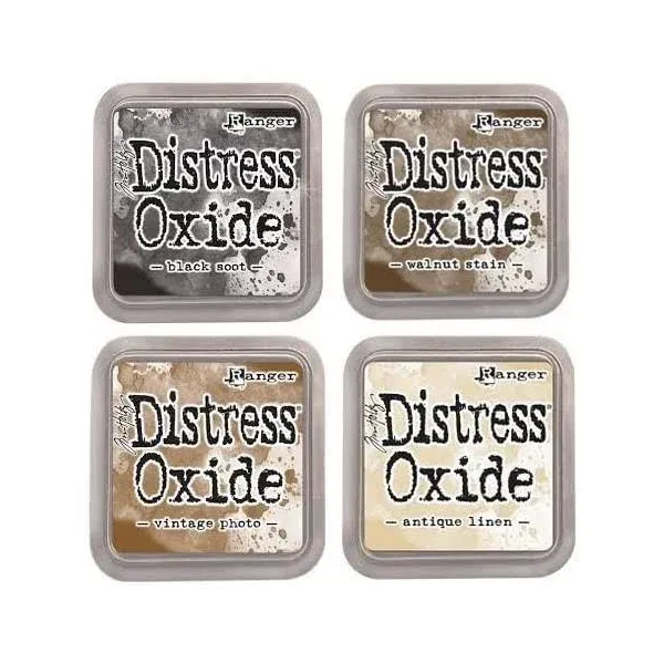 Tim Holtz Ranger Distress Oxide Ink Bundle - Four 3" x 3" Pads (E : Black Soot, Walnut Stain, Vintage Photo, and Antique Linen)