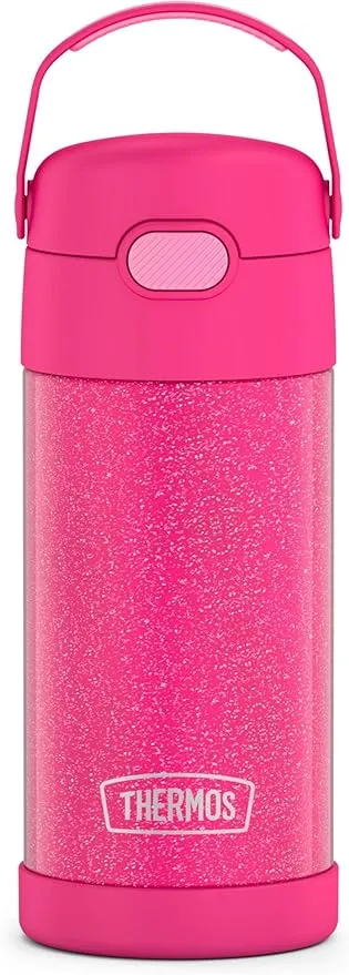 THERMOS FUNTAINER 12 Ounce Stainless Steel Vacuum Insulated Kids Straw Bottle, Pink Glitter