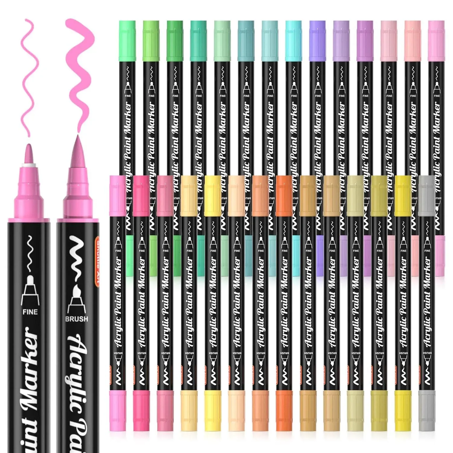 28 Pastel Colors Dual Tip Acrylic Paint Markers, Brush Tip and Fine Tip Acryl...