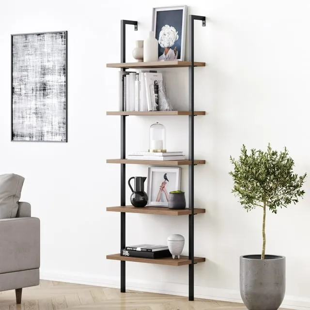 Nathan James Theo Industrial 5-Shelf Reclaimed Wood Ladder Bookcase with Oak Open Shelves and Black Metal Frame