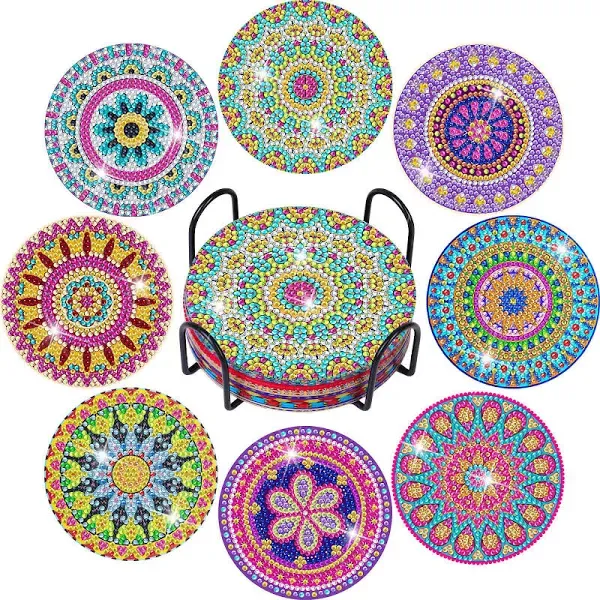 Billbotk Diamond Art Painting Coasters Kit, 8 Pieces Mandala Diamond Art Coasters with Holder, DIY Diamond Mandala Coasters for Beginners, Kids