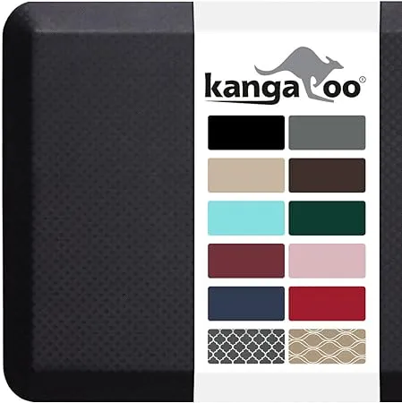 KANGAROO Thick Ergonomic Anti Fatigue Mats for Kitchen Floor, Cushioned Standing Office Desk Mat, Waterproof Scratch Resistant Topside, Supportive All Day Comfort Padded Foam Rugs, 20x32, Black