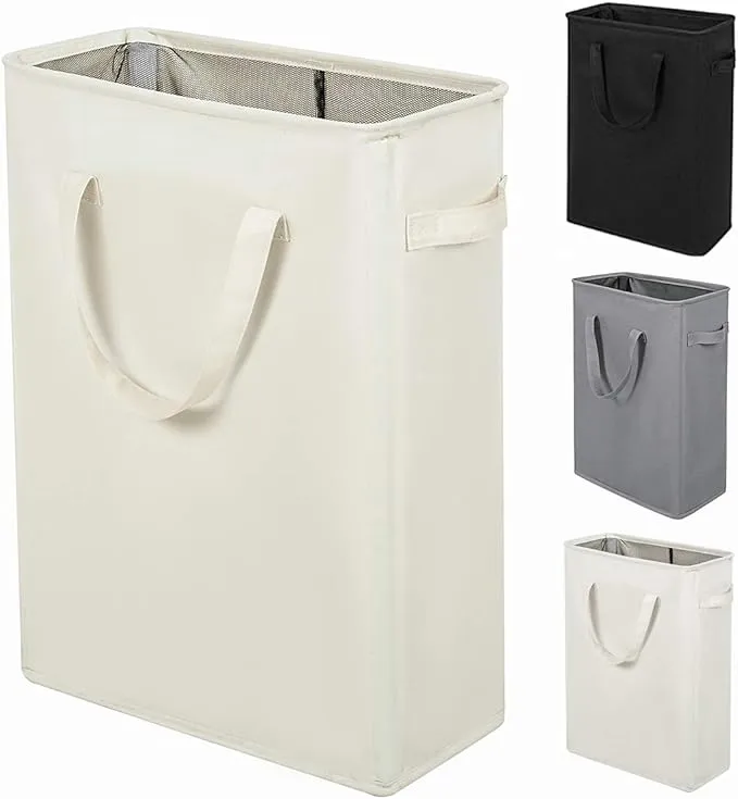 ZERO JET LAG Slim Laundry Hamper With Handles Collapsible Basket Thin Dirty Clothes Narrow Bag Foldable Cloth 45L (21 inches, Beige)