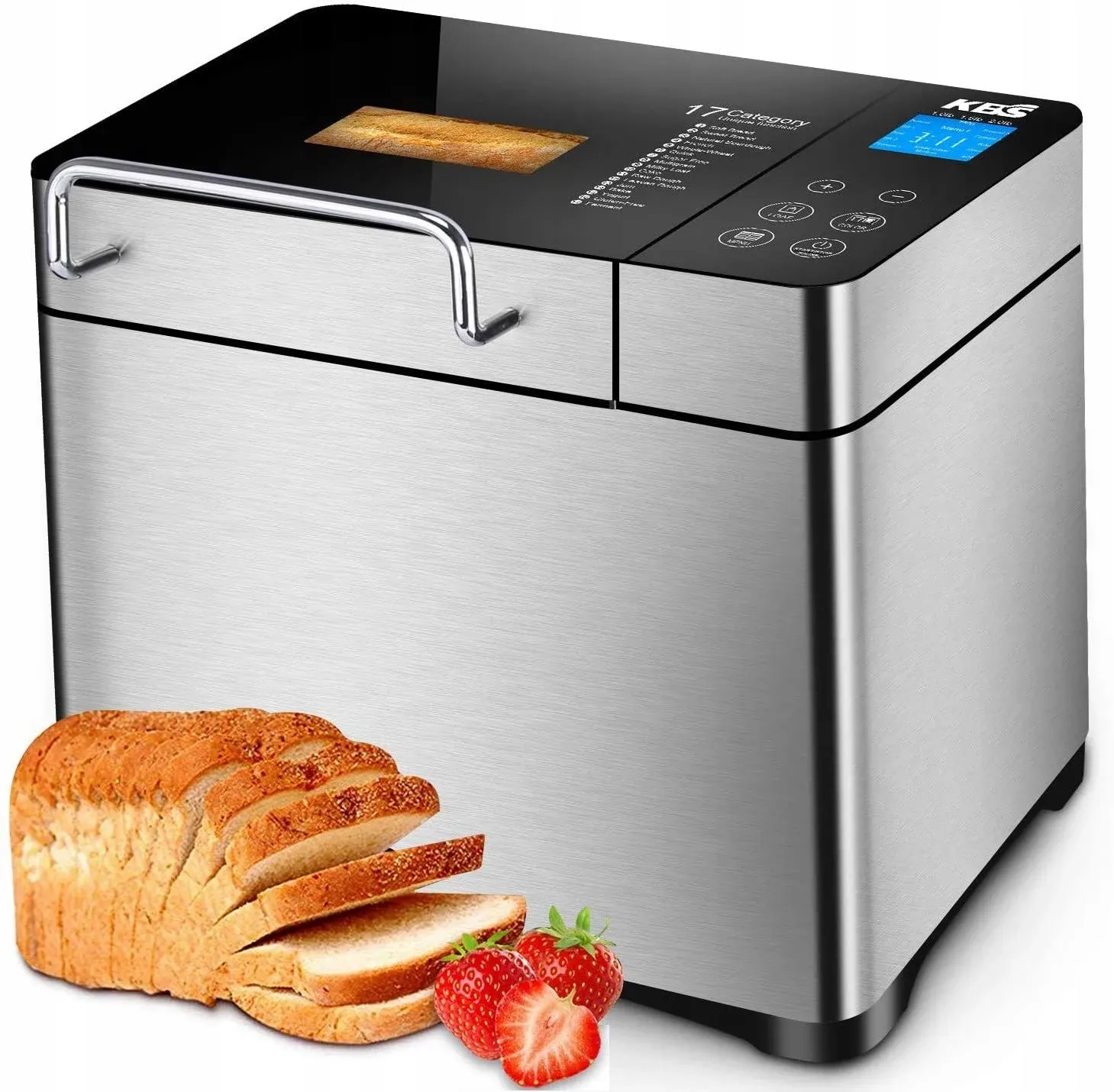 KBS Large 17-in-1 Bread Machine, 2LB All Stainless Steel Bread Maker with Auto Fruit Nut Dispenser, Nonstick Ceramic Pan, Full Touch Panel Tempered Glass, Reserve& Keep Warm Set, Oven Mitt and Recipes