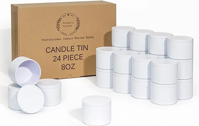 Aroparc White Candle Tins 8oz, 24 Piece, Straight Sided Bulk Candle Containers for Candle Making Supplies Wholesale Candle Ja