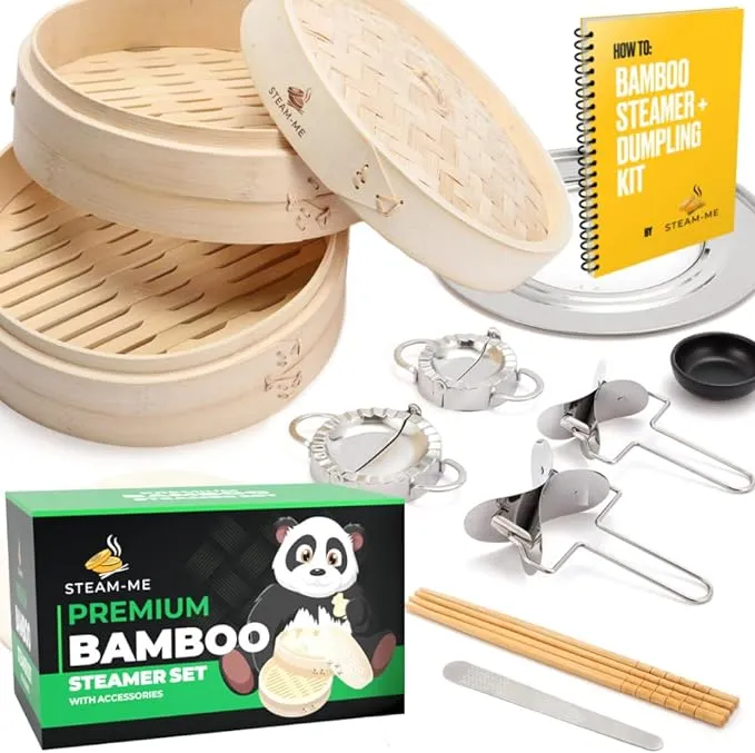 25,4 cm Bambus-Dampfkorb mit Dampfring, Dampfkorb für den Einsatz als Teigtaschen-Dampfgarer, Bao-Dampfgarer, Dim Sum Dampfgarer, Dutt-Dampfkorb, Bambus, inklusive 2 Teigtaschenformen, 40 Einlagen und