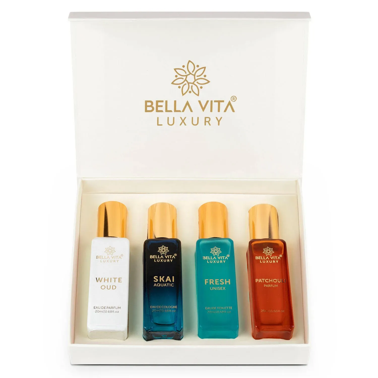 Bella Vita Organic Unisex Luxury Perfume Gift Set 4x20 ML for Men & Women | Long Lasting Fragrance Eau De Parfum | SKAI | FRESH | WHITEOUD | PATCHOULI