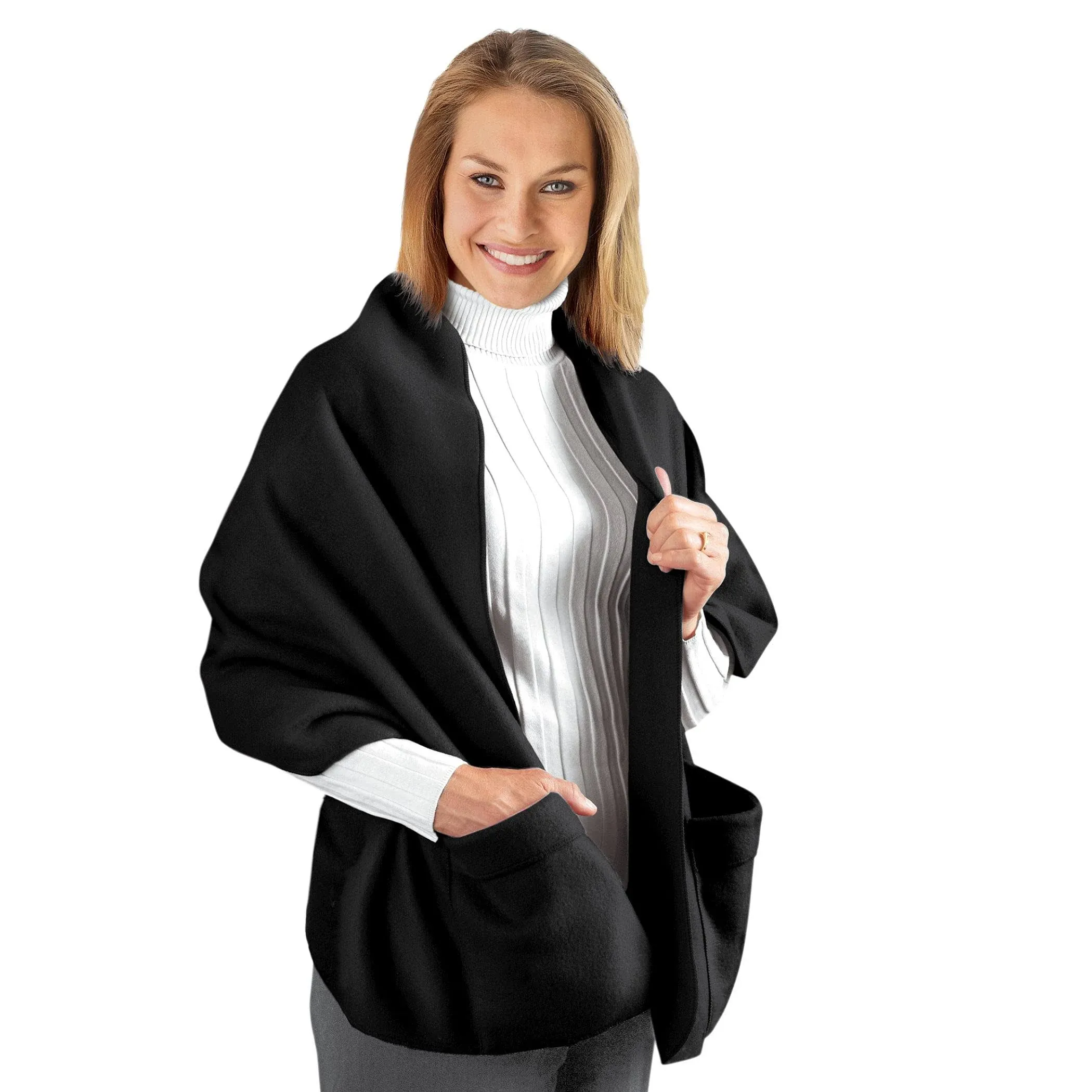 Collections Fleece Wrap Shawl With Pockets, Black ,66&#034;L