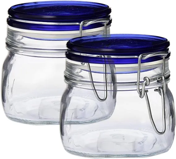 Bormioli Rocco Set of 2 Bormioli Rocco Fido Square Jars with Blue Bail