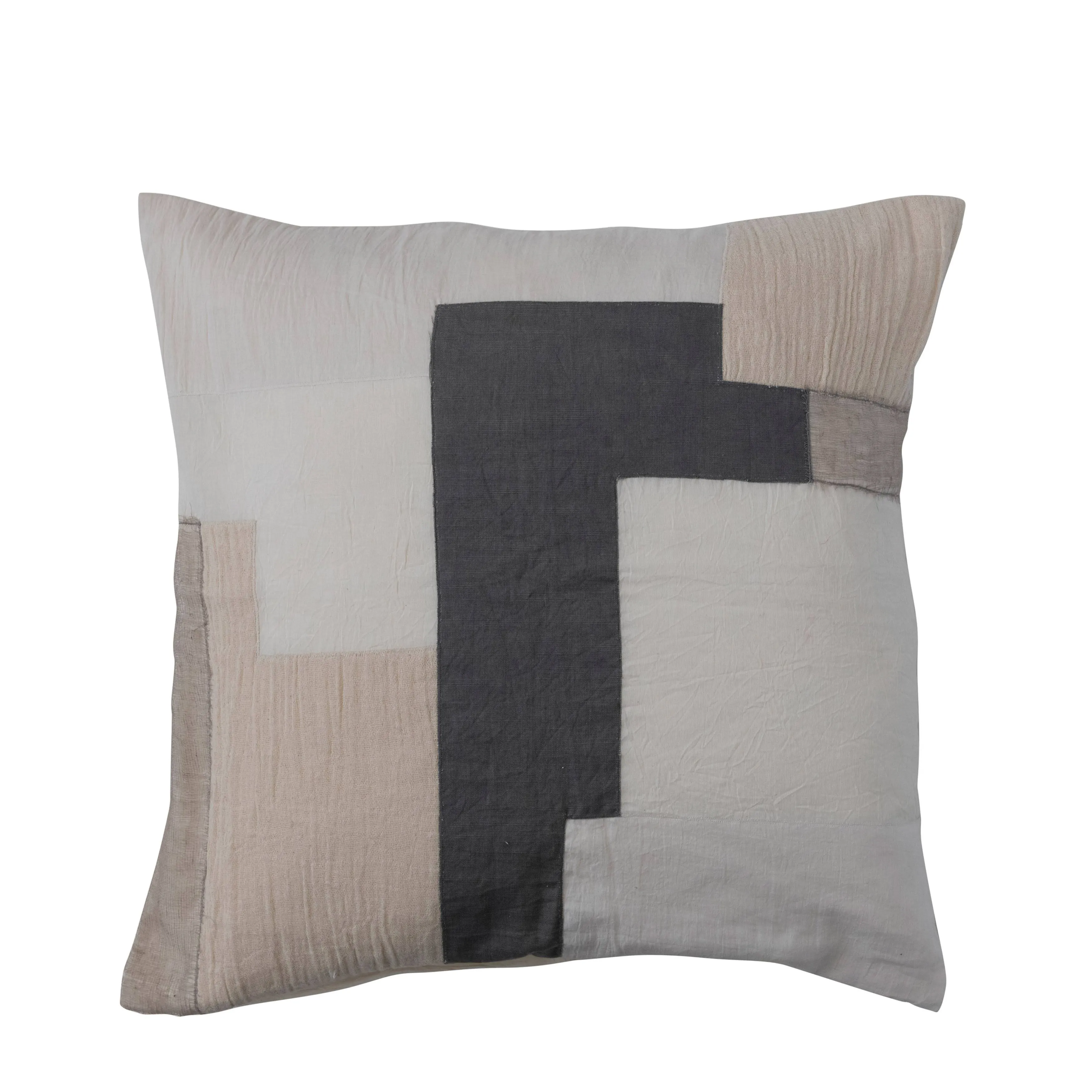 Cotton Throw Pillow with Patchwork Geometric Design - Down