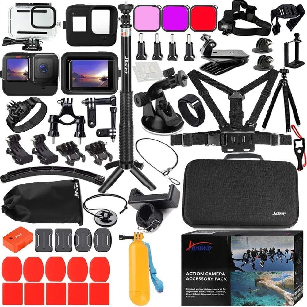 Husiway Accessories Kit for GoPro Hero 10 9 Black Waterproof Housing Silicone Case Glass Screen Protector Bundle Compatible with