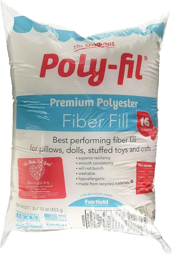 Fairfield The Original Poly-Fil, Premium Polyester Fiber Fill, Soft Pillow Stuffing, Stuffing for Stuffed Animals, Toys, Cloud Decorations, and More, Machine-Washable Poly-Fil Fiber Fill, 16-ounce Bag