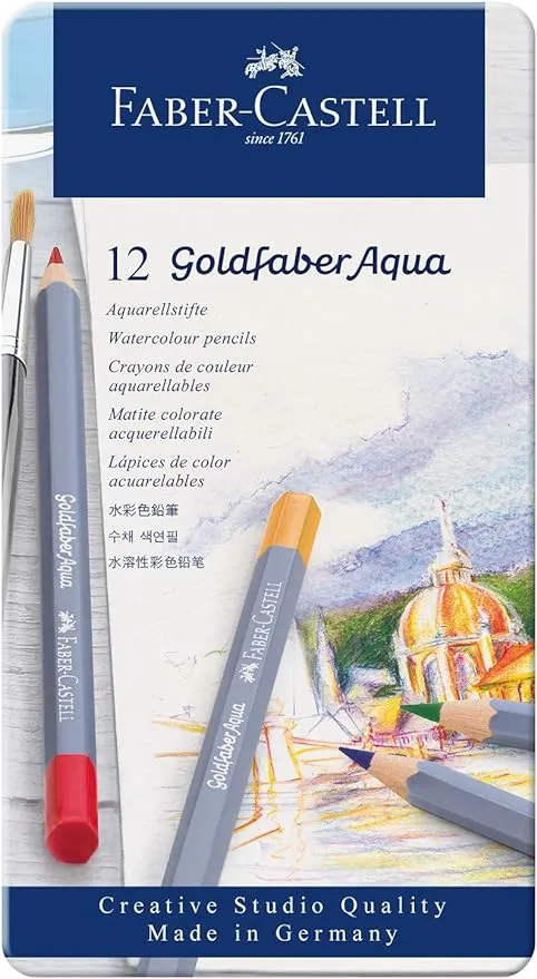 Faber-Castell Goldfaber Aqua Watercolor Pencils - Tin of 12 Colors, Pre-Sharpened Water Colored Pencils