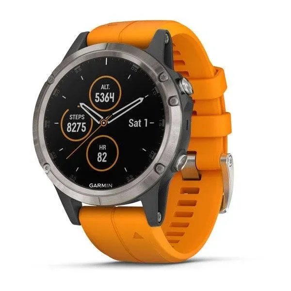 Garmin fenix 5 Plus, Premium Multisport GPS Smartwatch, Features Color Topo Maps, Heart Rate Monitoring, Music and Contactless Payment, Titanium with Orange Band