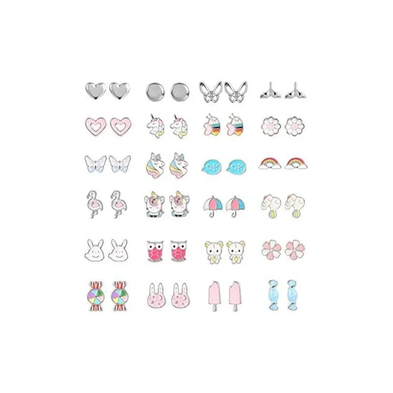 24 Pairs Hypoallergenic Stud Earrings Set for Girls Sensitive Ears With Stainless Steel Post Colorful Cute Earrings for Girls Women