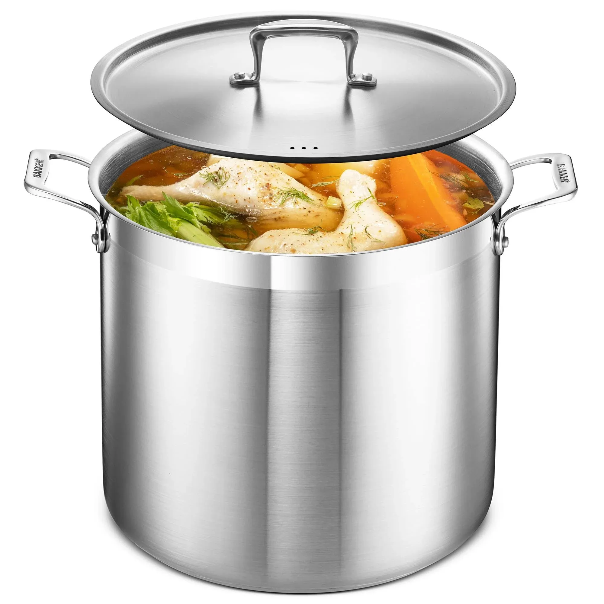 Bakken- Swiss Stockpot Brushed Stainless Steel Induction Pot with Lid and Riveted Handles 20 Quart