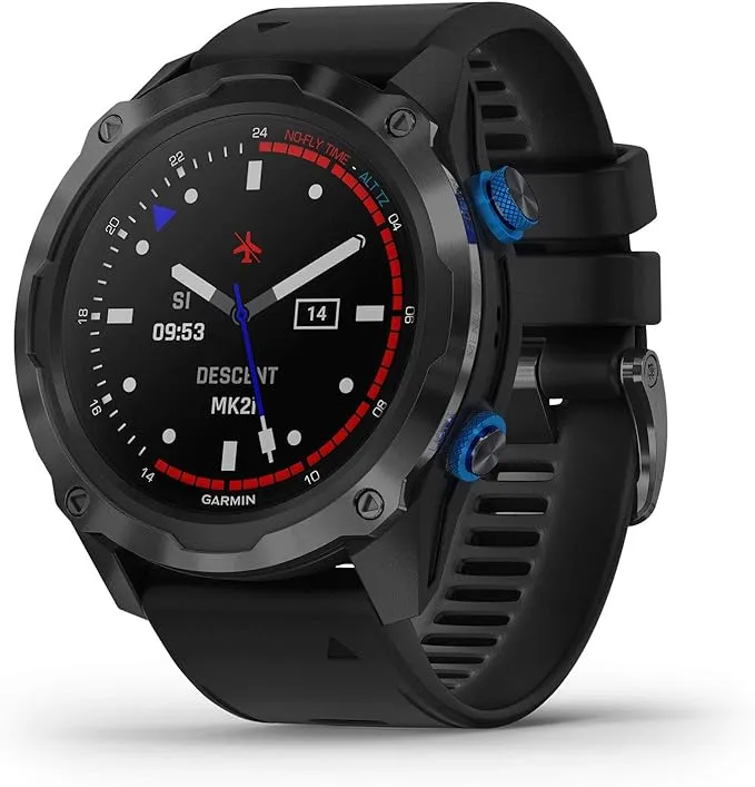 Garmin Descent Mk2i/Descent T1 - Computadora de buceo estilo reloj de tamaño pequeño con integración aérea, entrenamiento multideportivo/características inteligentes, gris titanio con banda negra, (010-02132-03)